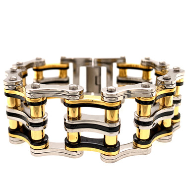 Stainless Steel Black And 18K Gold PVD Coated Double Bike Chain Bracelet / WCB1007- stainless steel jewelries- stainless steel jewelry mens- stainless steel good for jewelry- stainless steel jewelry for women- womens stainless steel jewelry