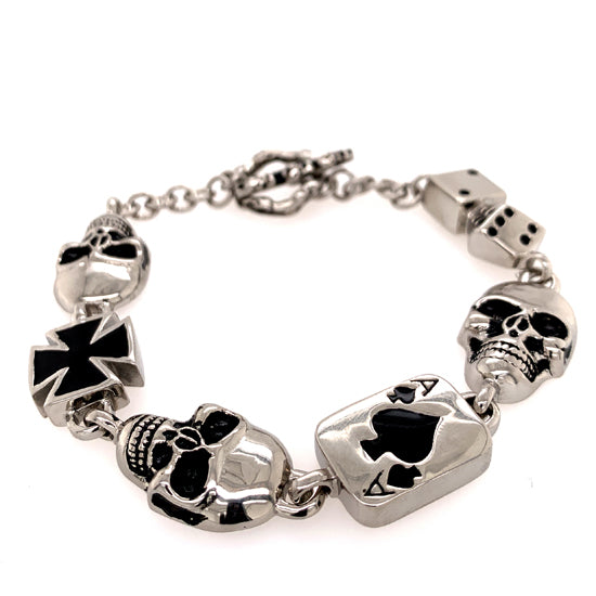 Stainless Steel Black Skull Dice Ace of Spades and Maltese Cross Bracelet / WCB1010-stainless steel mens jewelry- jewelry stainless steel- stainless steel jewelry made in china- wholesale stainless steel jewelry- does stainless steel jewelry tarnish