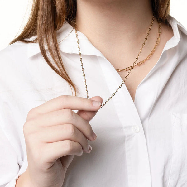 Person wearing a gold chain necklace with a white shirt