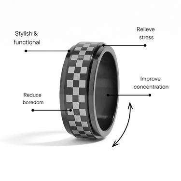 Black Checker Stainless Steel Spinner Ring benefits graphic