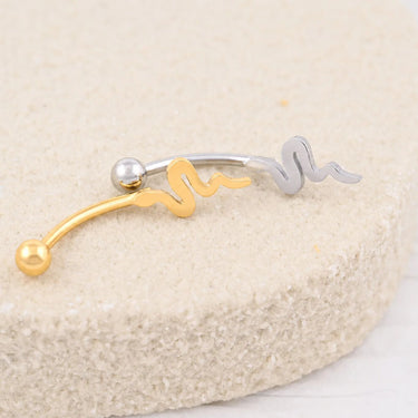 Wholesale jewelry 18K Gold PVD Stainless Steel Vertical Snake Charm Belly Button Ring- gold and stainless studio 