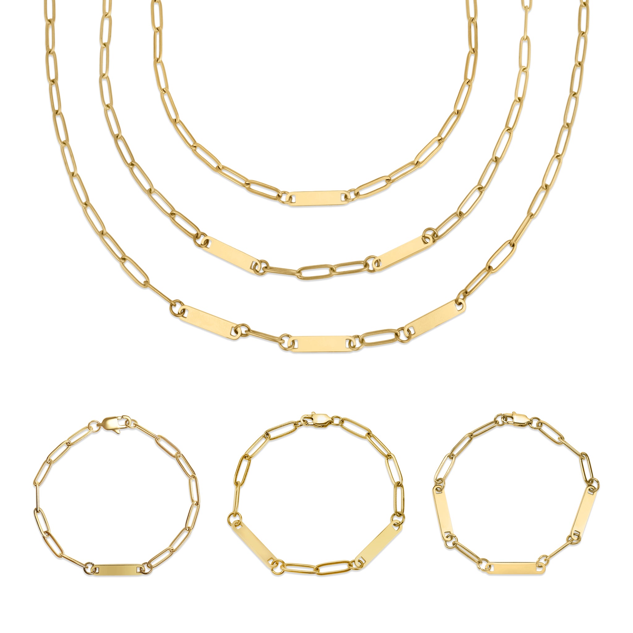 30pc 18K Gold PVD Coated Stainless Steel Engravable Paperclip Bar Necklace Bracelet Set / BND0023