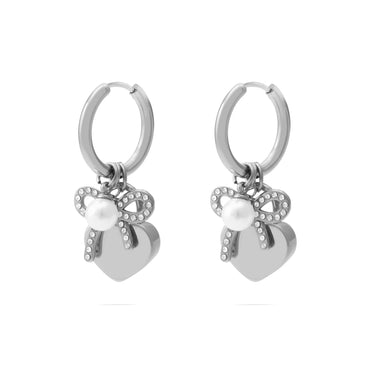18K gold PVD Stainless Steel Bow Earring Charm Set- silver main- side view