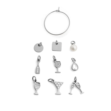 Collection of silver charms including a hoop, round, square, and various drink-themed pendants on a white background.