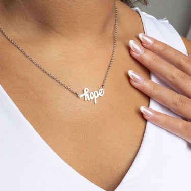 Silver Hope Necklace Gift Set with 'hope' pendant worn by a person