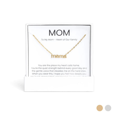 Gold Mama Necklace Gift Set on a card with 'Mom' text, on a white background