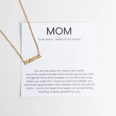 Gold Mama Necklace Gift Set on a card with sentimental message for mom