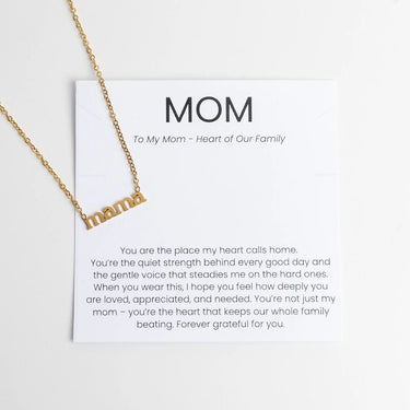 Gold Mama Necklace Gift Set on a card with sentimental message for mom
