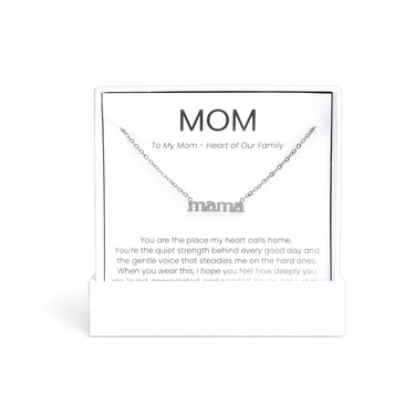 Silver Mama Necklace Gift Set with 'mama' pendant on a card for mom, on a white background