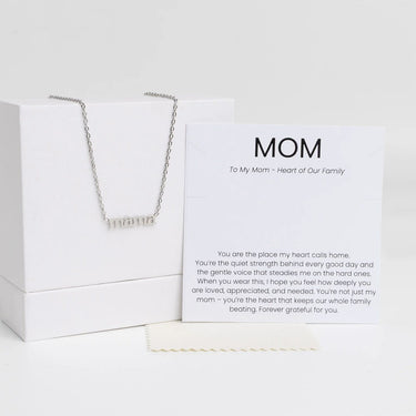 Silver Mama Necklace Gift Set with a card for 'Mom' on a white background