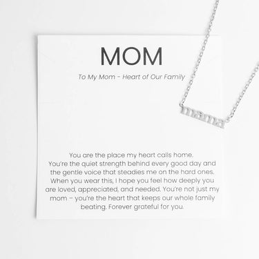 Silver Mama Necklace Gift Set with 'MOM' engraving on a white card with sentimental text.