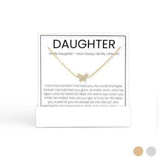 Gold Butterfly Necklace Gift Set on a card with 'DAUGHTER' text and message, on a white background