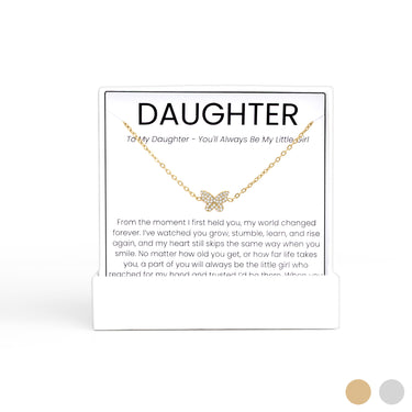 Gold Butterfly Necklace Gift Set on a card with 'DAUGHTER' text and message, on a white background