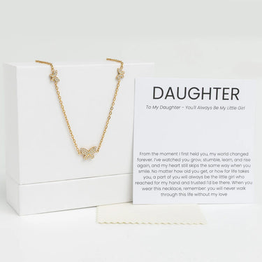Gold Butterfly Necklace Gift Set on a white box with a personalized message card for 'Daughter'.