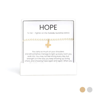 Pearl Pearl Beaded Bracelet with Cross Gift Set with gold cross on a card with 'HOPE' text
