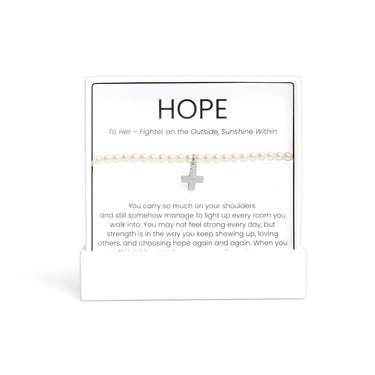 Silver Pearl Pearl Beaded Bracelet with Cross Gift Set with a cross charm on a card with 'HOPE' text