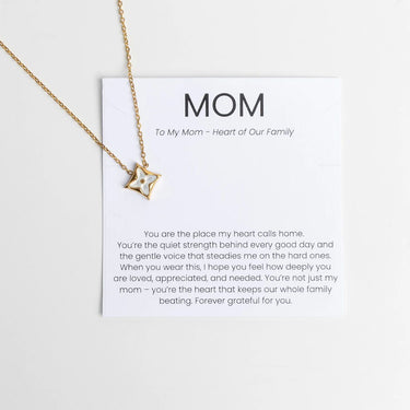 Gold Mother Of Pearl Star Pendant Necklace Gift Sett on a card addressed to 'Mom' with a heartfelt message.