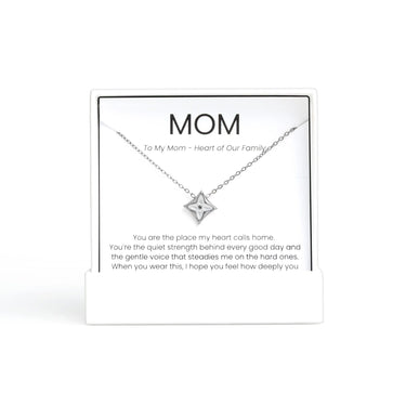 Silver Mother Of Pearl Star Pendant Necklace Gift Set on a white card with text, displayed against a white background.