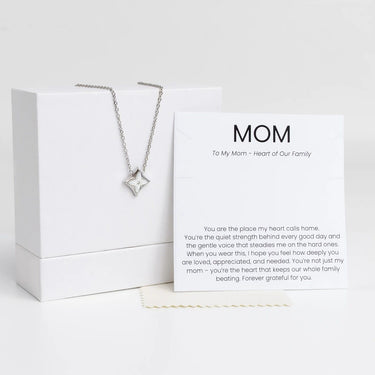 Silver Mother Of Pearl Star Pendant Necklace Gift Set on a white box with 'MOM' message.