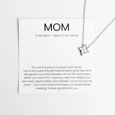 Silver Mother Of Pearl Star Pendant Necklace Gift Set on a white card with text, on a light gray background