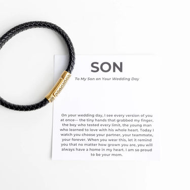 Black braided leather Mens Leather Metal Clasp Bracelet Gift Set with gold clasp on a white card with text, on a white background.
