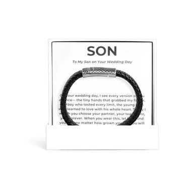 Black leather Mens Leather Metal Clasp Bracelet Gift Set with silver clasp on a card labeled 'SON' with a message.