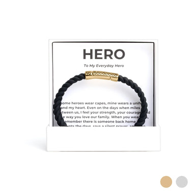 Gold  Rubber Metal Clasp Bracelet Gift Set on a card labeled 'Hero' on a white background