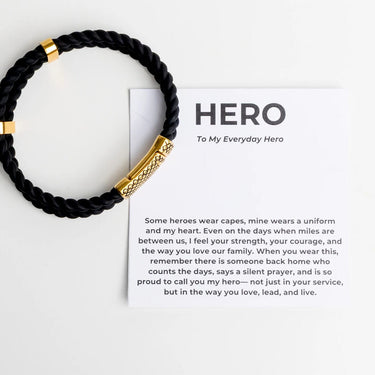 Gold Rubber Metal Clasp Bracelet Gift Set on a card labeled 'Hero' with a message.