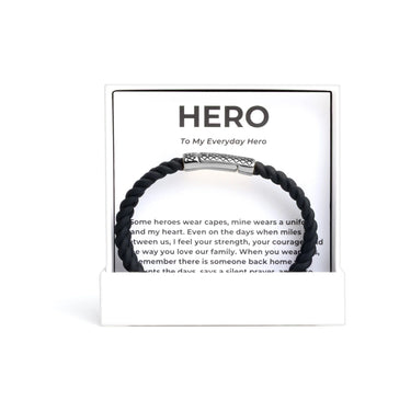 Silver Rubber Metal Clasp Bracelet Gift Set with 'Hero' message card on a white background