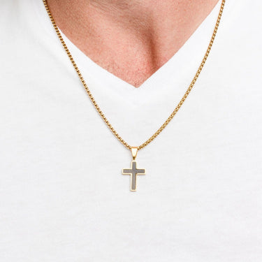 Gold Mens Cross Necklace Gift Set worn on model with white shirt