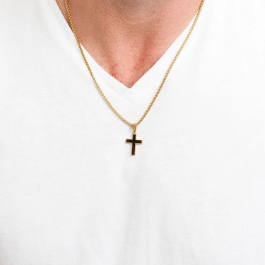 Gold Mens Cross Necklace Gift Set worn on model with white shirt
