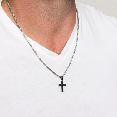 Silver Mens Cross Necklace Gift Set worn on model with white shirt