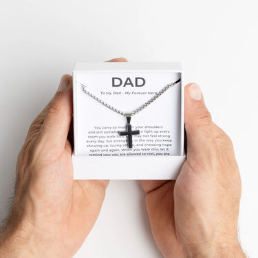 Silver Mens Cross Necklace Gift Set  held in hands