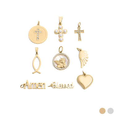 Collection of gold pendants on a white background