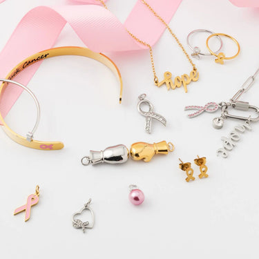 Wholesale jewelry 18K Gold PVD Stainless Steel Cancer Ribbon with Stones -collection shot 