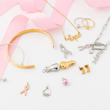 Wholesale jewelry 18K Gold PVD Stainless Steel Heart Ribbon with Stones Charm- collection shot 