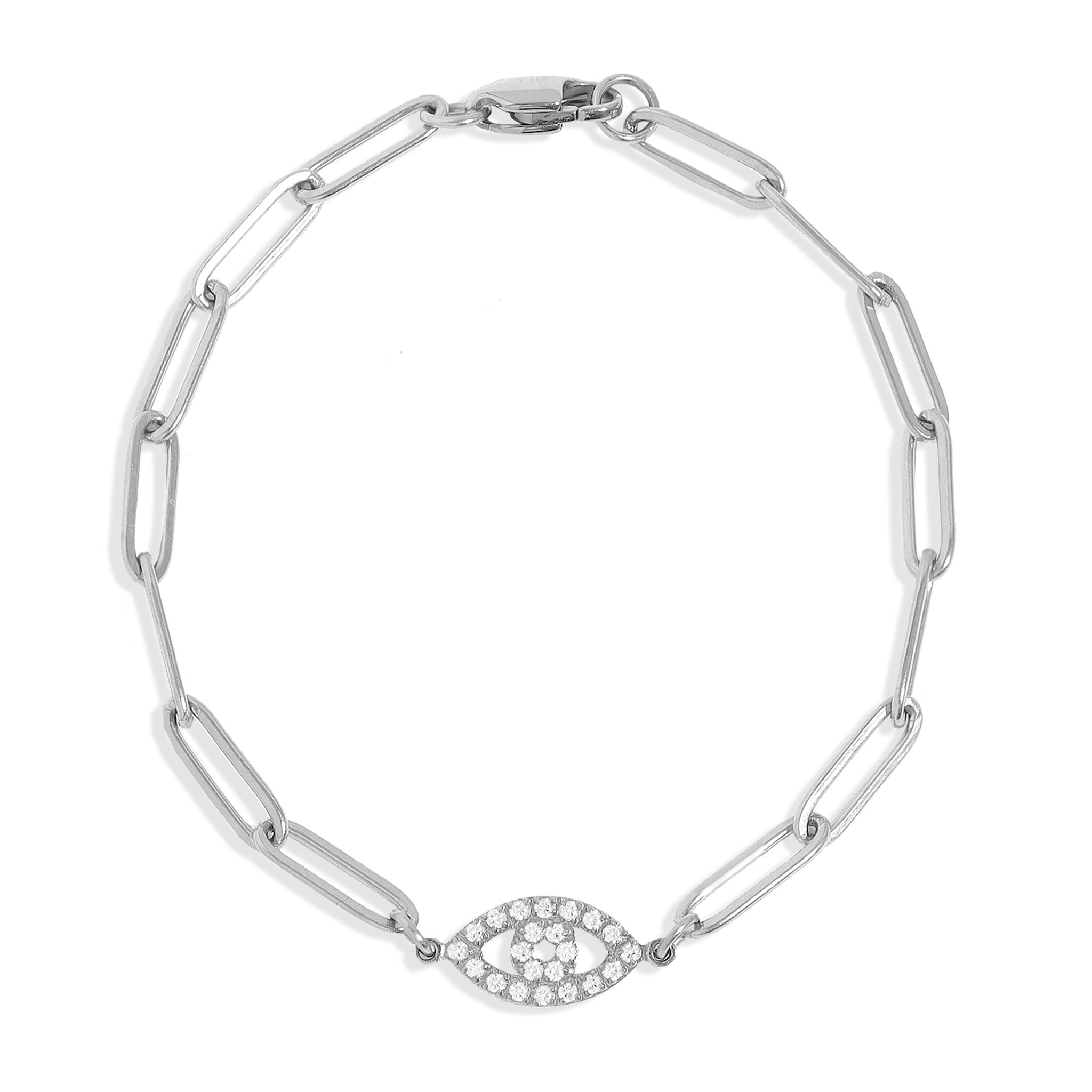 Paperclip chain bracelet singular evil eye charm encrusted with cz stones