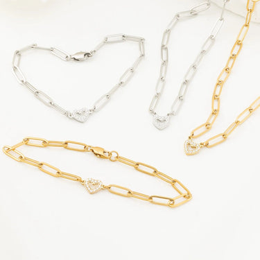 Wholesale jewelry 18K Gold PVD Stainless Steel Stone "Heart" Paperclip Chain Bracelet- stainless and gold studio 