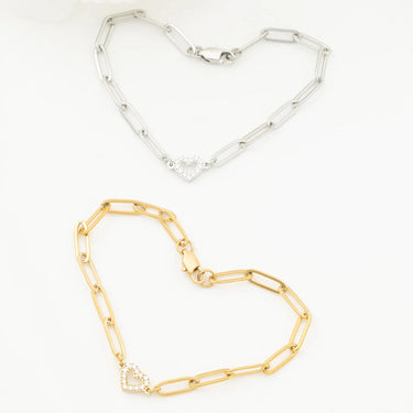 Wholesale jewelry 18K Gold PVD Stainless Steel Stone "Heart" Paperclip Chain Bracelet- stainless and gold studio 