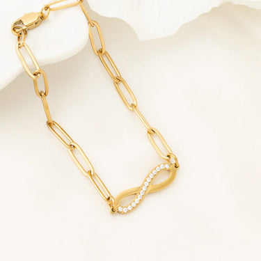 Wholesale jewelry 18K Gold PVD Stainless Steel Stone "Infinity" Paperclip Chain Bracelet- gold studio 