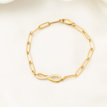 Wholesale jewelry 18K Gold PVD Stainless Steel Stone "Infinity" Paperclip Chain Bracelet- gold studio 