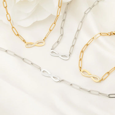 Wholesale jewelry 18K Gold PVD Stainless Steel Stone "Infinity" Paperclip Chain Bracelet- stainless and gold studio 