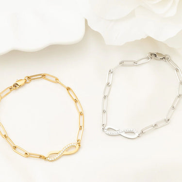 Wholesale jewelry 18K Gold PVD Stainless Steel Stone "Infinity" Paperclip Chain Bracelet- stainless and gold studio 