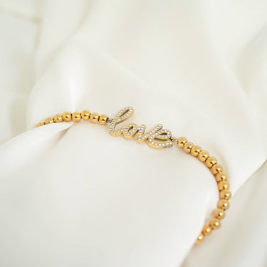 18K Gold PVD Stainless Steel Stone Love Metal Beaded Stretch Bracelet