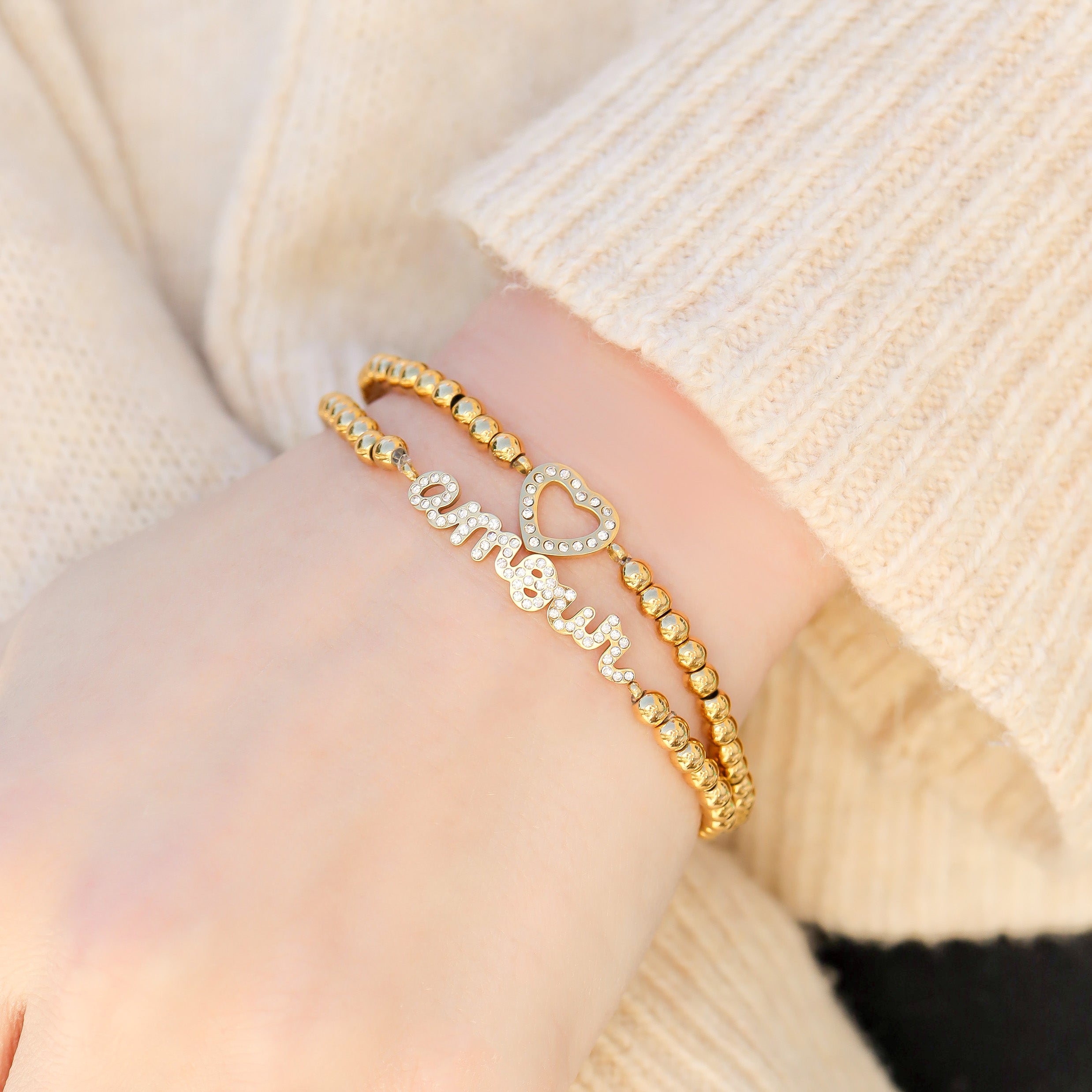 18K gull PVD rustfritt stål Stone Heart Metal Beaded Stretch Armbånd/BRJ1016