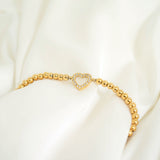 18K Gold PVD Stainless Steel Stone Heart Metal Beaded Stretch Bracelet 