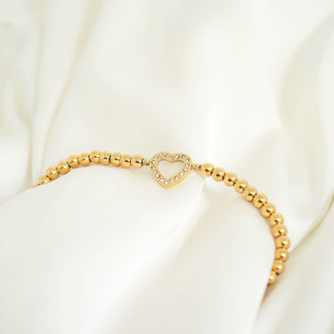 18K Gold PVD Stainless Steel Stone Heart Metal Beaded Stretch Bracelet 