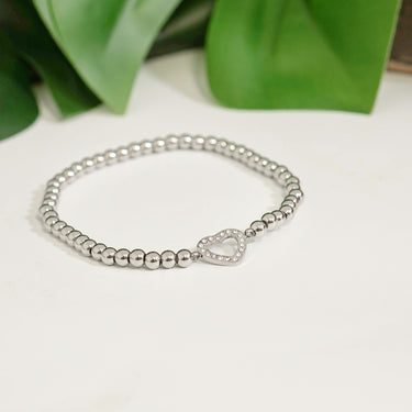 18K Gold PVD Stainless Steel Stone Heart Metal Beaded Stretch Bracelet 