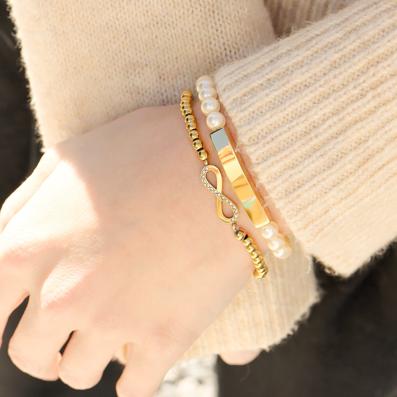 18k Gold PVD Rostfritt stål Pärlgravererbar stretch krökt bararmband / SBB0321
