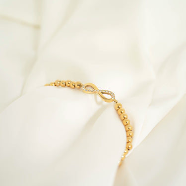 18K Gold PVD Stainless Steel Stone Heart Metal Beaded Stretch Bracelet 